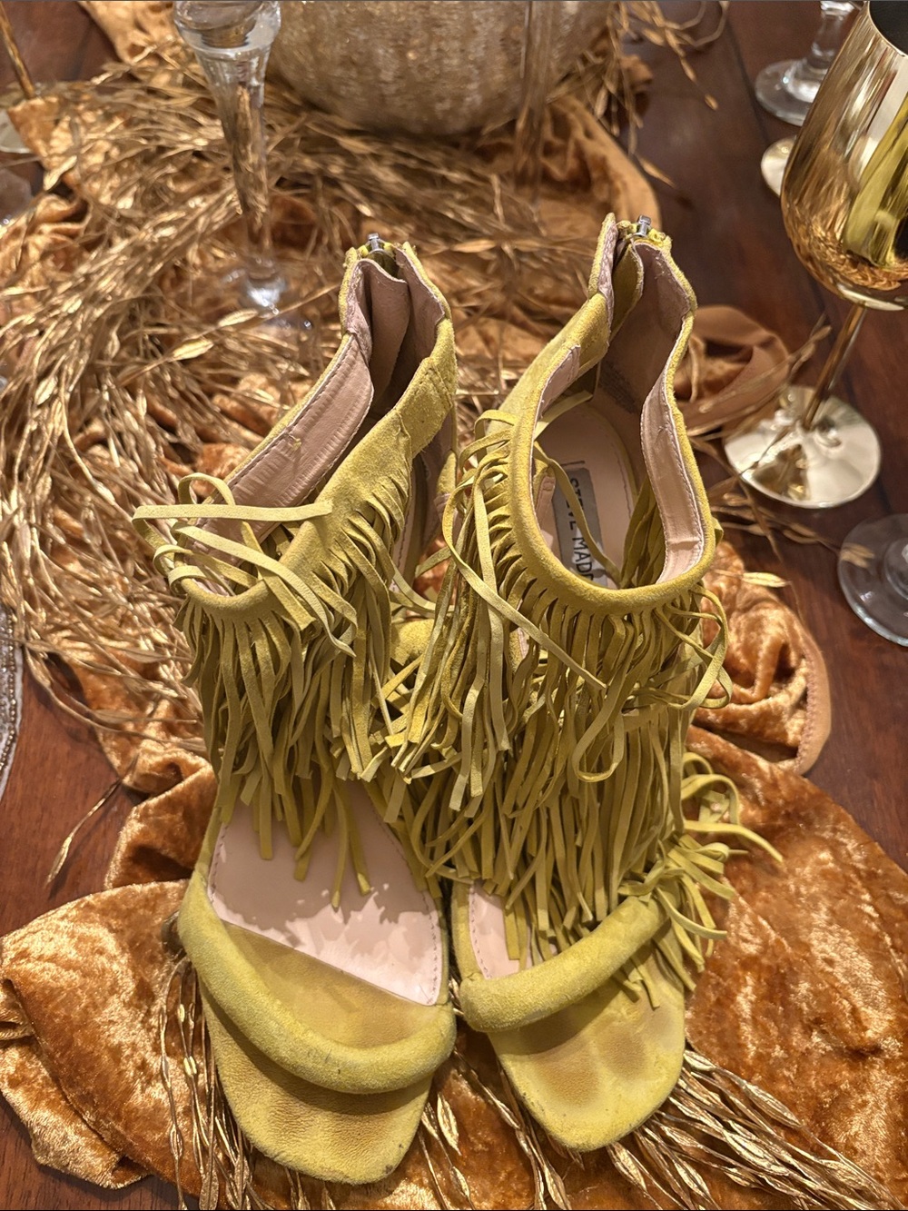 Steve Madden Mustard Yellow Fringe Suede Open-Toe Heels